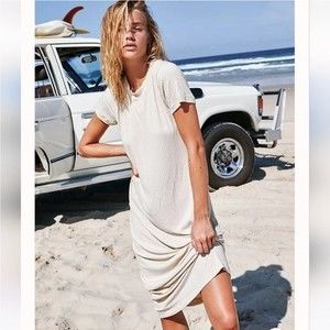 Free People FP Beach Simone Ribbed Tee T-shirt Midi Dress Cream